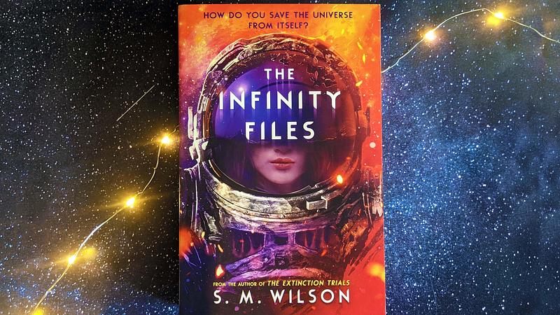 Front cover of "The Infinity Files", featuring a young woman wearing a space suit with a broken visor